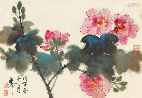 谢稚柳 1910～1997 芙蓉花开 设色纸本 镜片