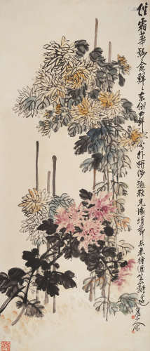 王震 1867～1938 秋菊争艳色 设色纸本 立轴