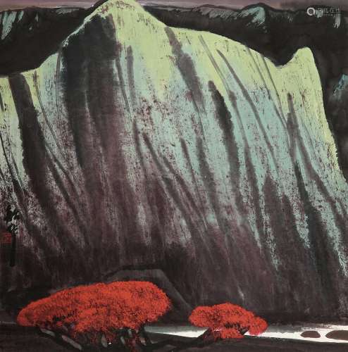 周韶华 b.1929 溪山一抹红 设色纸本 镜片