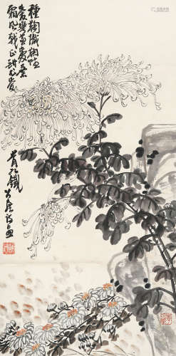 谢公展 1885～1940 菊石图 设色纸本 立轴