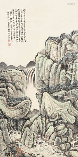 曾默躬 1883～1961 行山飞瀑图 设色纸本 立轴