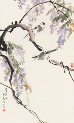 张正吟 1912～1995 紫藤双雀 设色纸本 镜片