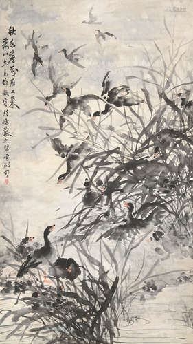 任预 1853～1901 秋水芦花雁又来 设色纸本 立轴