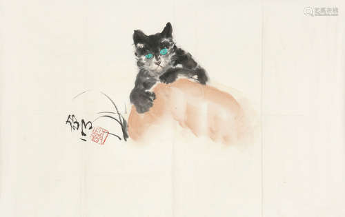 亚明 1924～2002 猫 设色纸本 镜片