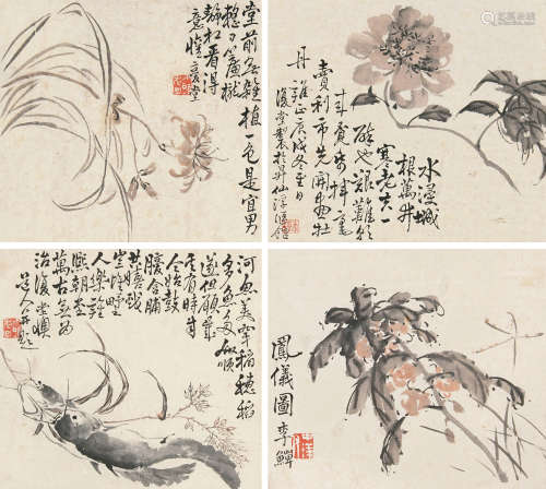 李鱓 1686～1756 杂画 设色纸本 镜片 四帧