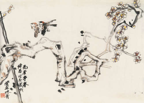 李味青 1909～1997 瓦雀争春 设色纸本 镜片