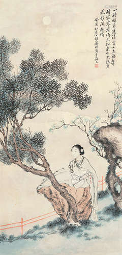 潘琪 1892～1952 花影仕女 设色纸本 立轴