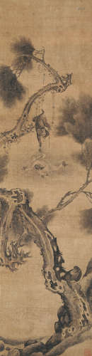 佚名 清 松猿图 水墨绢本 立轴