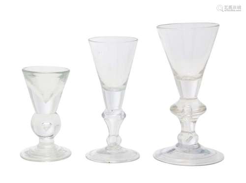 AN ENGLISH TOASTMASTER S GLASS AND TWO WINE GLASSES Early 18...