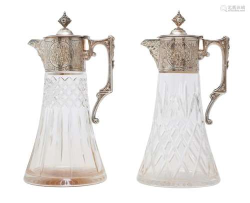 A MATCHED PAIR OF SILVER PLATE-MOUNTED CUT CRYSTAL CLARET JU...