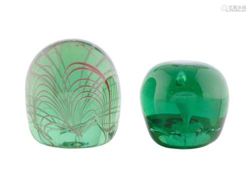 AN ENGLISH GLASS DUMP NAILSEA PATTERN PAPERWEIGHT AND ONE OT...