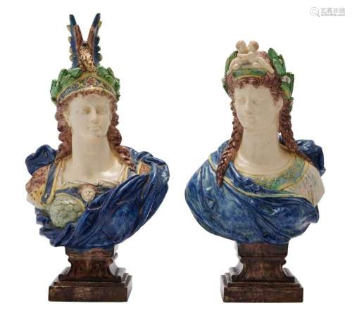 A PAIR OF MAJOLICA BUSTS French or English, second half 19th...