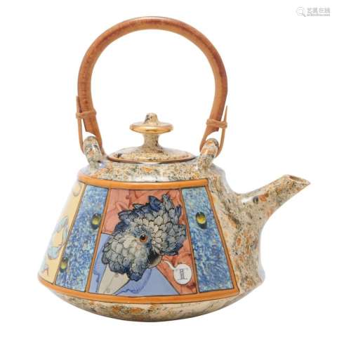 A DECORATED CERAMIC TEA POT BY STEPHEN BOWERS 1988