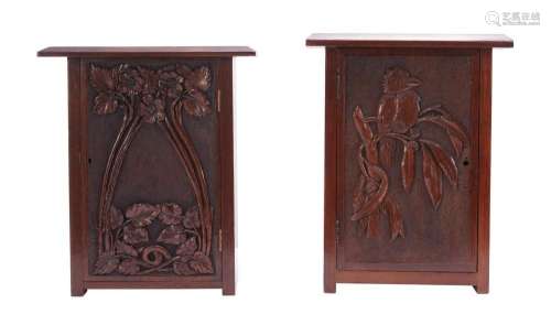 TWO SMALL CARVED HARDWOOD WALL-HUNG CABINETS IN THE MANNER O...
