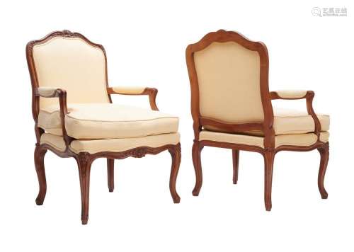 A PAIR OF LOUIS XV-STYLE WALNUT AND UPHOLSTERED FAUTEUILS