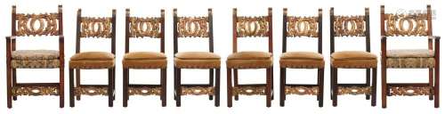 A SET OF EIGHT EUROPEAN PARCEL-GILT WALNUT CHAIRS IN THE ANT...