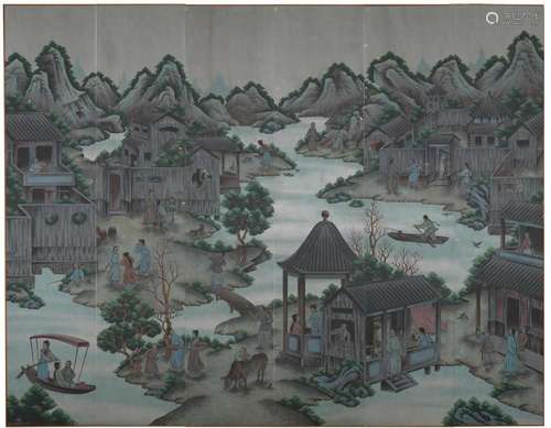 A SUITE OF SIX PAINTED PANELS DEPICTING A CHINESE MOUNTAIN V...