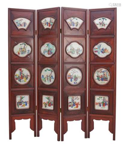 A CHINESE PORCELAIN-MOUNTED HARDWOOD SCREEN 20th century