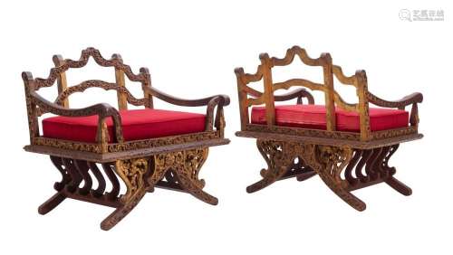 A PAIR OF THAI RED-LACQUERED AND GILT TEAK HOWDAH CHAIRS Fir...