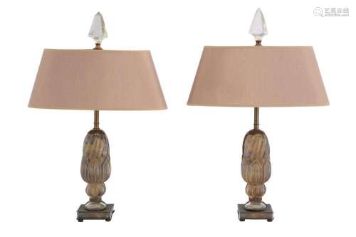 A PAIR OF MOULDED GLASS AND METAL TABLE LAMPS