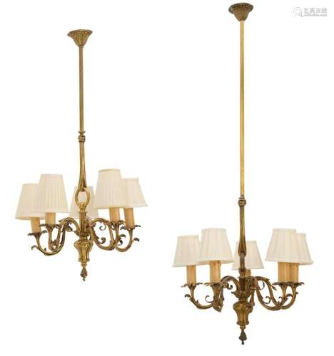 A PAIR OF FRENCH BRASS CHANDELIERS IN LOUIS XV MANNER Late 1...