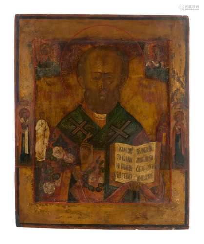 A LARGE RUSSIAN PAINTED AND GILT WOOD ICON Late 18th century