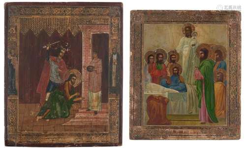 TWO PAINTED AND GILTWOOD ICONS Both early 19th century