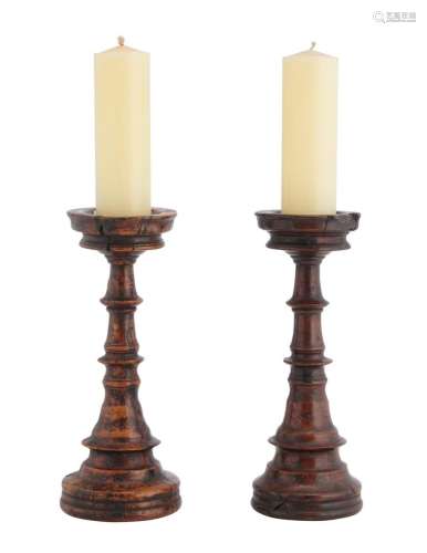 A PAIR OF TURNED OAK PRICKET CANDLESTICKS 18th century