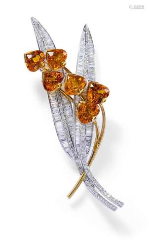 ORANGE SAPPHIRE AND DIAMOND WHEATSHEAF PENDANT BROOCH