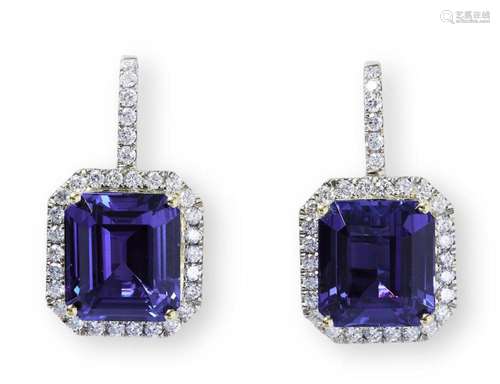 PAIR OF TANZANITE AND DIAMOND EARRINGS