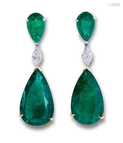 PAIR OF EMERALD AND DIAMOND DROP EARRINGS