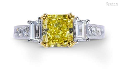 FANCY VIVID YELLOW DIAMOND AND DIAMOND RING