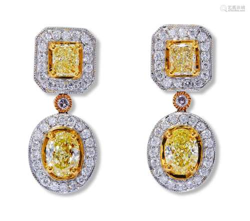 PAIR OF FANCY COLOURED DIAMOND AND DIAMOND PENDANT EARRINGS