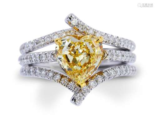 FANCY YELLOW DIAMOND AND DIAMOND RING