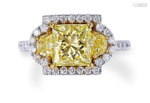 FANCY YELLOW DIAMOND AND DIAMOND RING