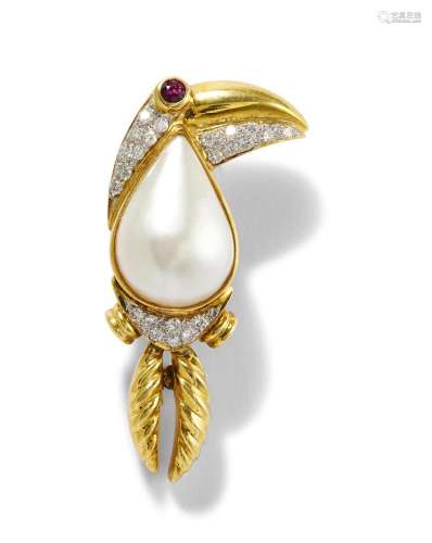 MABE PEARL, RUBY AND DIAMOND TOUCAN PENDANT BROOCH