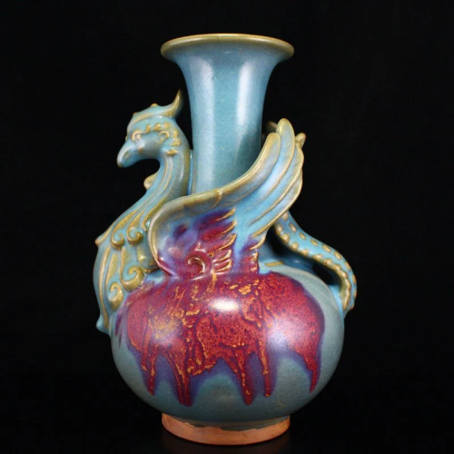 Chinese Variable Glaze Jun Kiln Phoenix Porcelain Vase