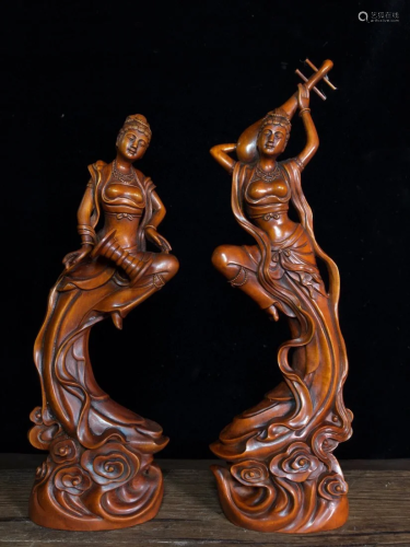 A Pair Chinese Boxwood Wood Music Girl Statues