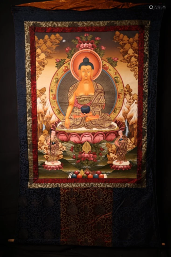 Superb Tibetan Buddhist Sheepskin & Silk Medicine Buddha...