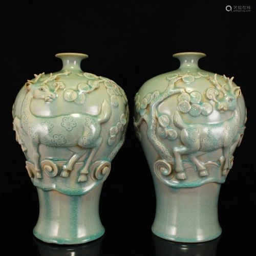 Pair Chinese Ru Kiln High Relief Lucky Deer Porcelain Vases