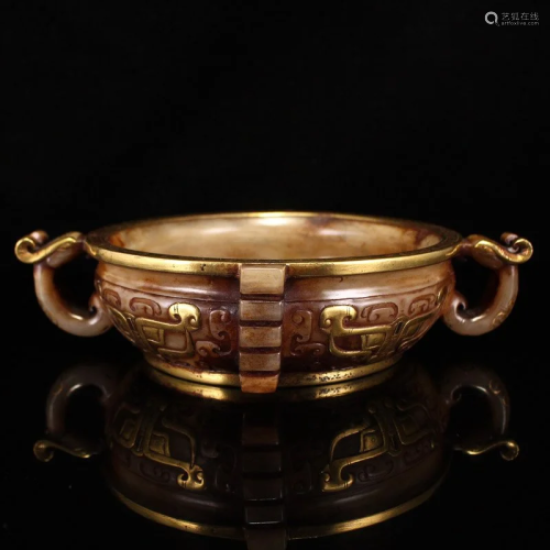 Chinese Han Dynasty Gilt Gold Hetian Jade Double Ear Burner