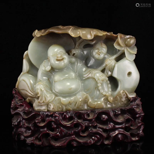 Chinese Qing Dy Hetian Jade Laughing Buddha & Fortune Ki...