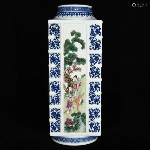 Chinese Famille Rose + Blue And White Porcelain Square Vase
