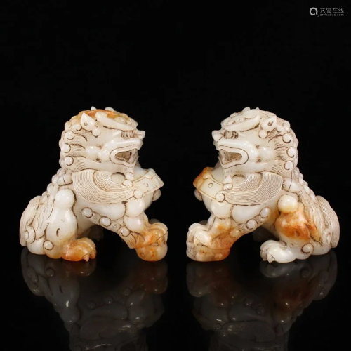 Pair Superb Vintage Chinese Hetian Jade Lucky Lion Statues