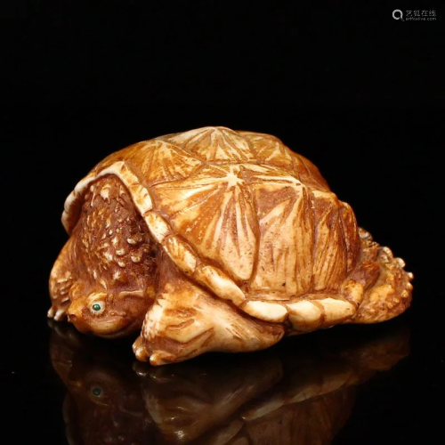 Vivid Bone Carved Long Life Turtle Statue