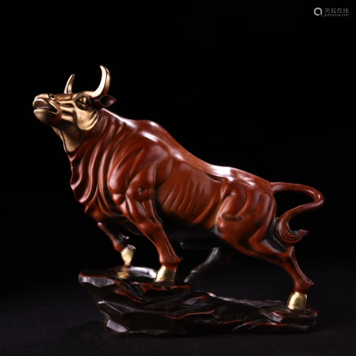 Chinese Gilt Gold Red Copper Fortune Ox Statue
