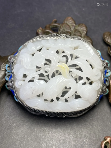 Pure Silver Inlay Openwork Hetian Jade Crane & Lotus Flo...