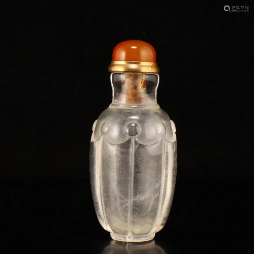 Chinese Qing Dy Crystal Snuff Bottle w Red Agate Stopper