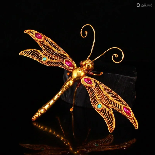 Vivid Chinese Gold Wire Inlay Gems Dragonfly Statue