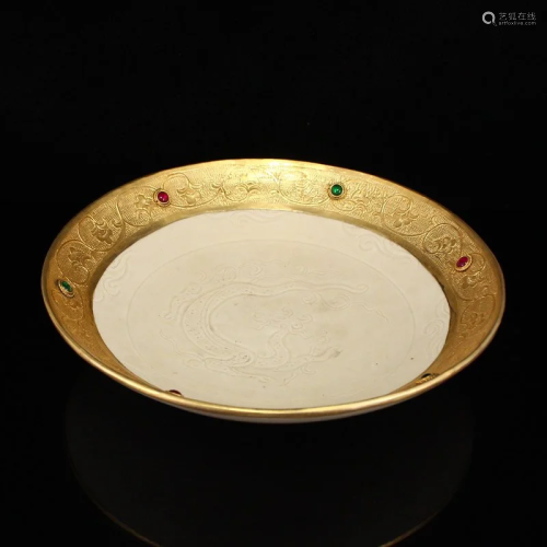 Gilt Gold Inlay Gem Ding Kiln Dragon Design Porcelain Plate